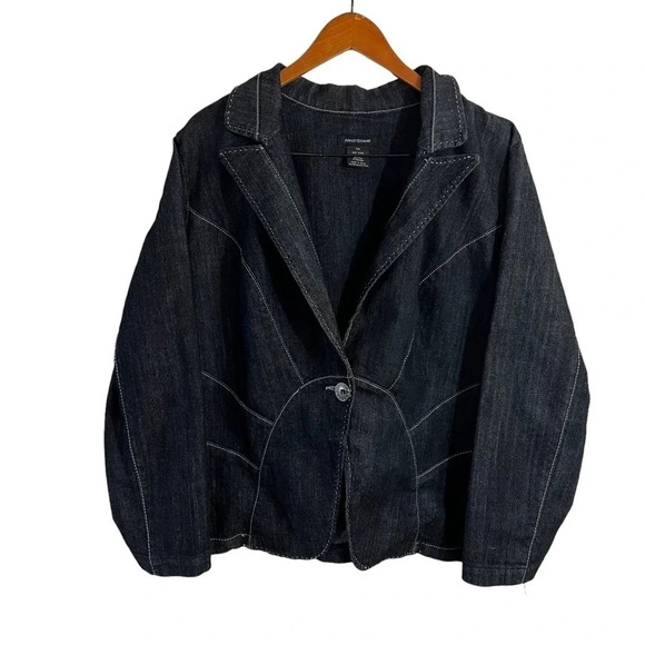 Ashley Stewart Denim Jacket Plus Size 16W Dark Wash Stitching Details One Button - Picture 1 of 7